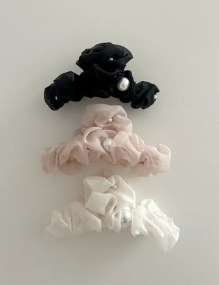 Large pearl chiffon frill scrunchie hair clip