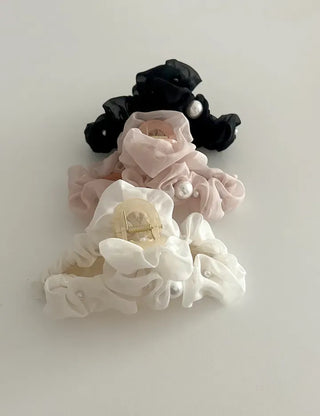 Large pearl chiffon frill scrunchie hair clip