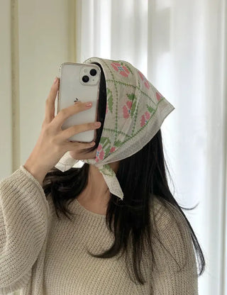Retro Pink Flower Headscarf Square Spring/Summer Scarf
