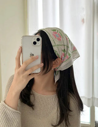 Retro Pink Flower Headscarf Square Spring/Summer Scarf