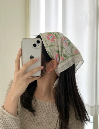 Retro Pink Flower Headscarf Square Spring/Summer Scarf