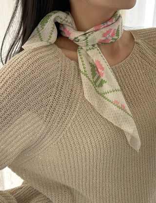 Retro Pink Flower Headscarf Square Spring/Summer Scarf