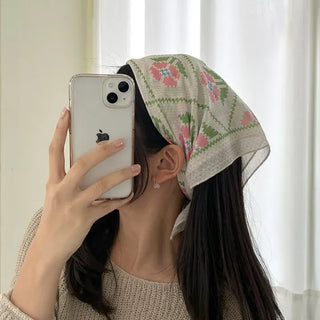 Retro Pink Flower Headscarf Square Spring/Summer Scarf