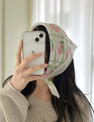 Retro Pink Flower Headscarf Square Spring/Summer Scarf