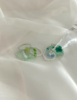 piece Four-Leaf Clover Green Bead Ring Set