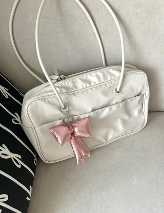 Metallic padded oversized ribbon bag keyring keychain