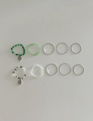Set Antique Four-Leaf Clover Bead Ring Set