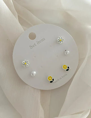 Set of 3 Yellow Spring Flower Pearl Mini Earrings