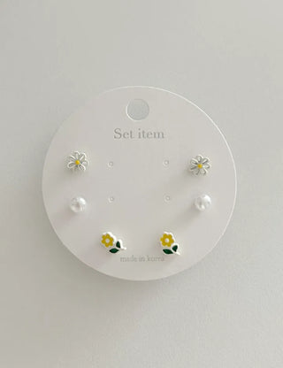 Set of 3 Yellow Spring Flower Pearl Mini Earrings