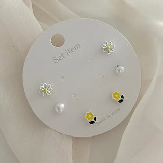 Set of 3 Yellow Spring Flower Pearl Mini Earrings