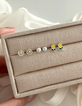 Set of 3 Yellow Spring Flower Pearl Mini Earrings