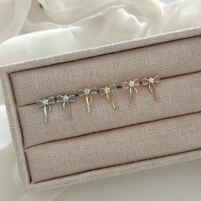 Silver Post Opal Cubic Star Ribbon Mini Earrings
