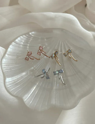 Silver Post Opal Cubic Star Ribbon Mini Earrings