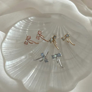Silver Post Opal Cubic Star Ribbon Mini Earrings