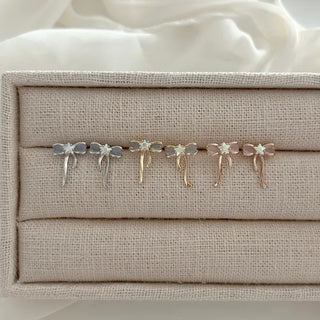 Silver Post Opal Cubic Star Ribbon Mini Earrings