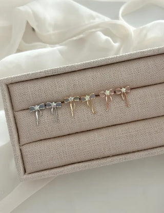 Silver Post Opal Cubic Star Ribbon Mini Earrings