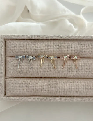 Silver Post Opal Cubic Star Ribbon Mini Earrings