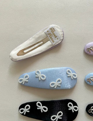 Satin silver pearl ribbon pendant snap hair clip