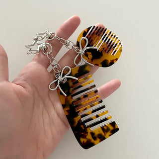 Star ribbon leopard print brush mini comb keyring keyholder