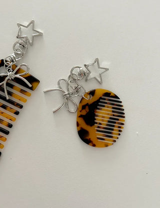 Star ribbon leopard print brush mini comb keyring keyholder