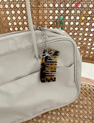 Star ribbon leopard print brush mini comb keyring keyholder