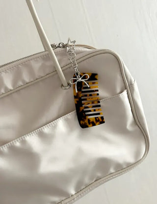 Star ribbon leopard print brush mini comb keyring keyholder
