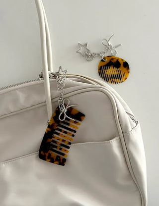 Star ribbon leopard print brush mini comb keyring keyholder