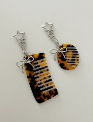 Star ribbon leopard print brush mini comb keyring keyholder