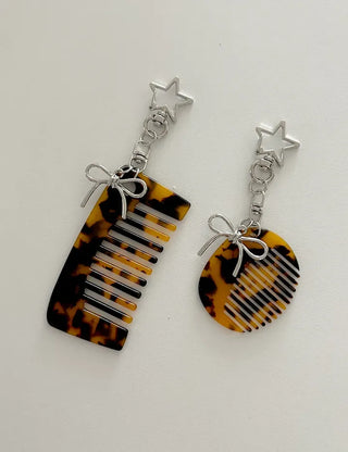 Star ribbon leopard print brush mini comb keyring keyholder