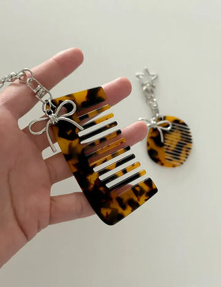 Star ribbon leopard print brush mini comb keyring keyholder
