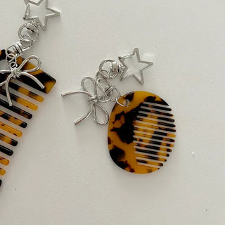 Star ribbon leopard print brush mini comb keyring keyholder