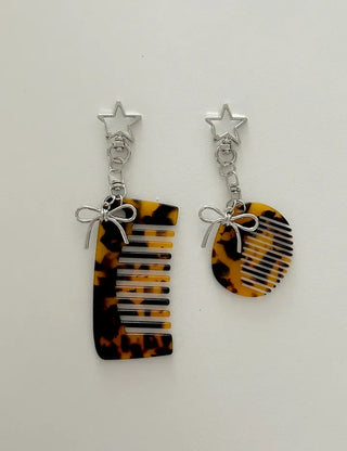 Star ribbon leopard print brush mini comb keyring keyholder