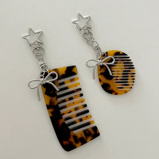 Star ribbon leopard print brush mini comb keyring keyholder