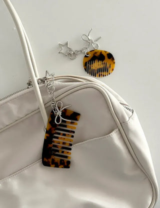 Star ribbon leopard print brush mini comb keyring keyholder