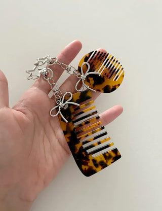 Star ribbon leopard print brush mini comb keyring keyholder