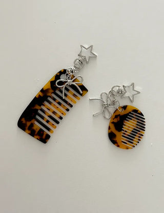 Star ribbon leopard print brush mini comb keyring keyholder