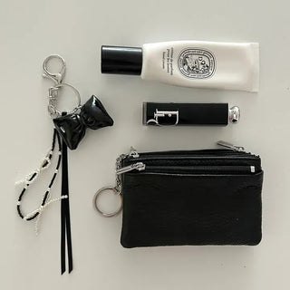 New Three-fold Cowhide Card Wallet Mini Pouch Keyring