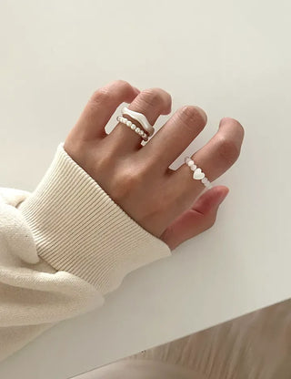 Set of 3 Mother-of-Pearl Heart Pearl Layered Bead Rings