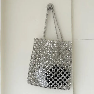 Silver shoulder bag, eco-bag style, metal bead bag