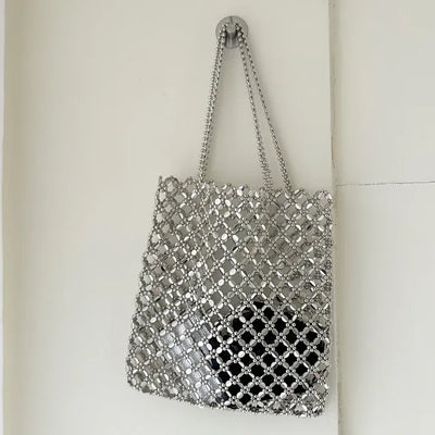 Silver shoulder bag, eco-bag style, metal bead bag