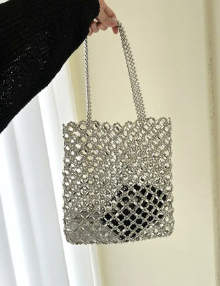 Silver shoulder bag, eco-bag style, metal bead bag