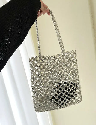 Silver shoulder bag, eco-bag style, metal bead bag