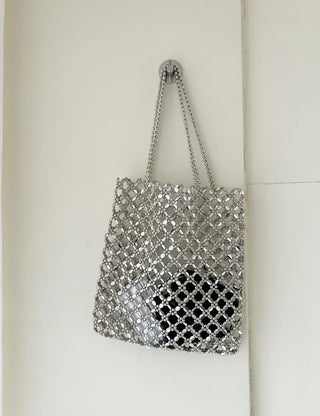 Silver shoulder bag, eco-bag style, metal bead bag