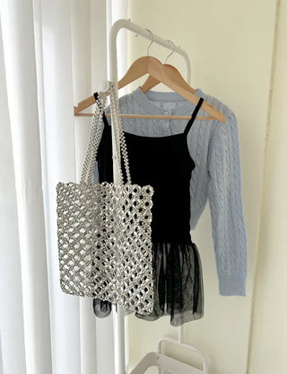 Silver shoulder bag, eco-bag style, metal bead bag