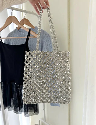 Silver shoulder bag, eco-bag style, metal bead bag