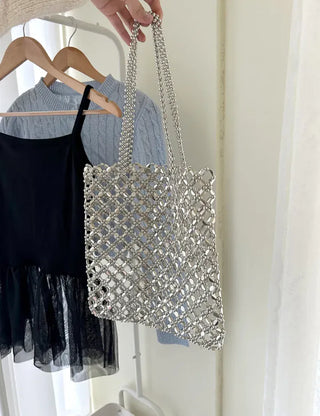 Silver shoulder bag, eco-bag style, metal bead bag