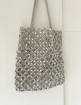 Silver shoulder bag, eco-bag style, metal bead bag
