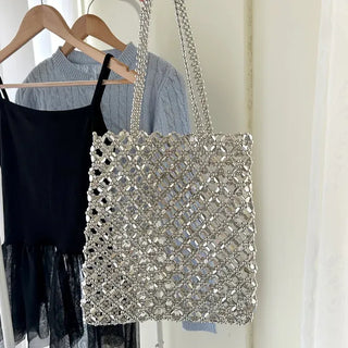 Silver shoulder bag, eco-bag style, metal bead bag