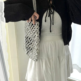 Silver shoulder bag, eco-bag style, metal bead bag