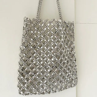 Silver shoulder bag, eco-bag style, metal bead bag